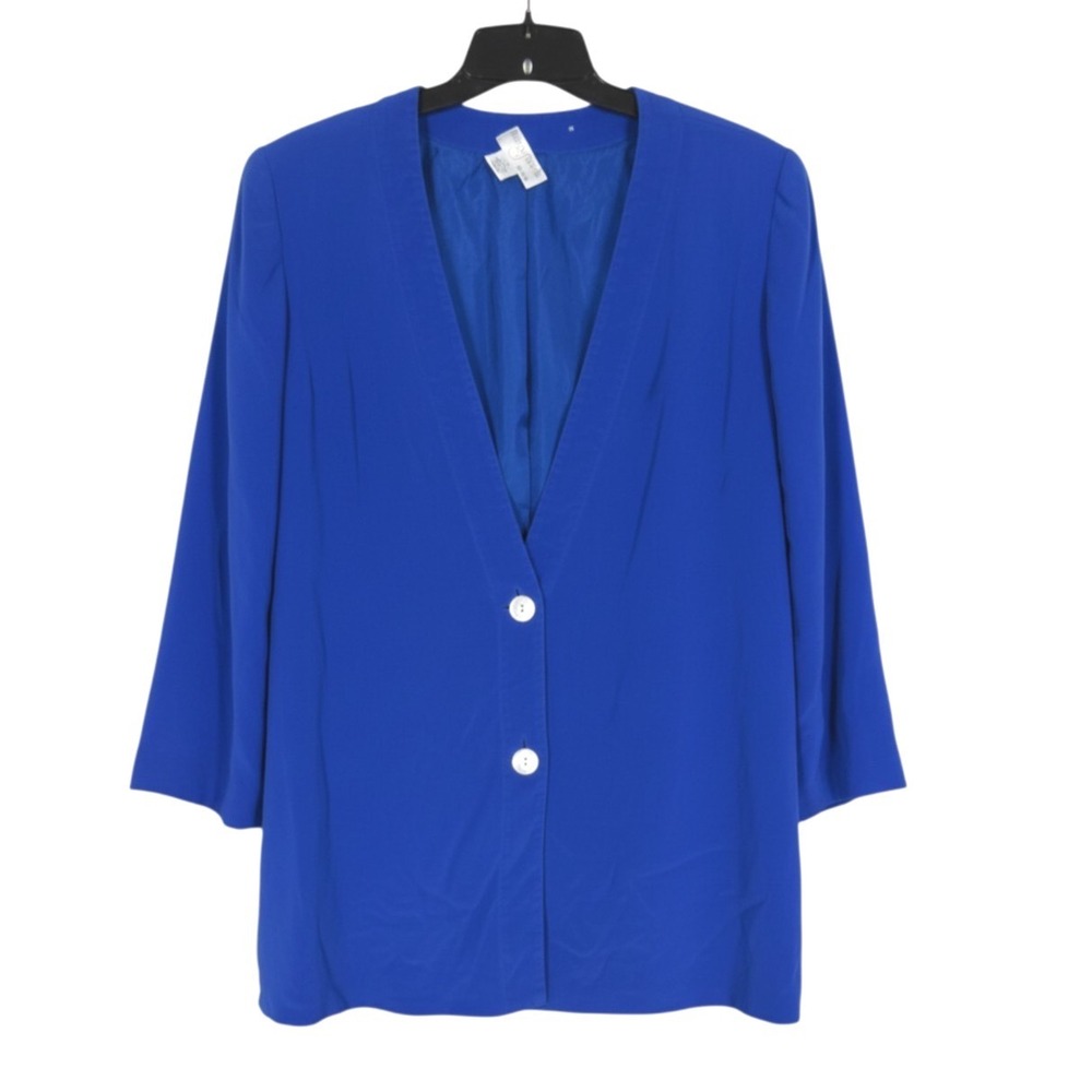 VTG PARISIAN SIGNATURE WOMEN Royal Blue 100% SILK Button-Up V-NECK Jacket Sz 18
